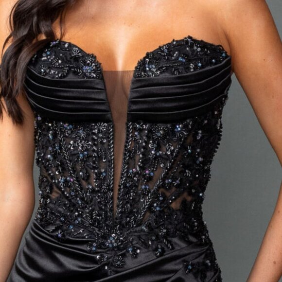 New Rhinestones Embellished Satin Ceremonial Dress w/ Sequins & Leg Slit DQ 4555 - Picture 4 of 8